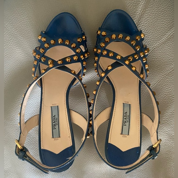 Prada Blue Leather Studded Slingback Sandals Sz 37.5, 7.5 - Picture 6 of 11